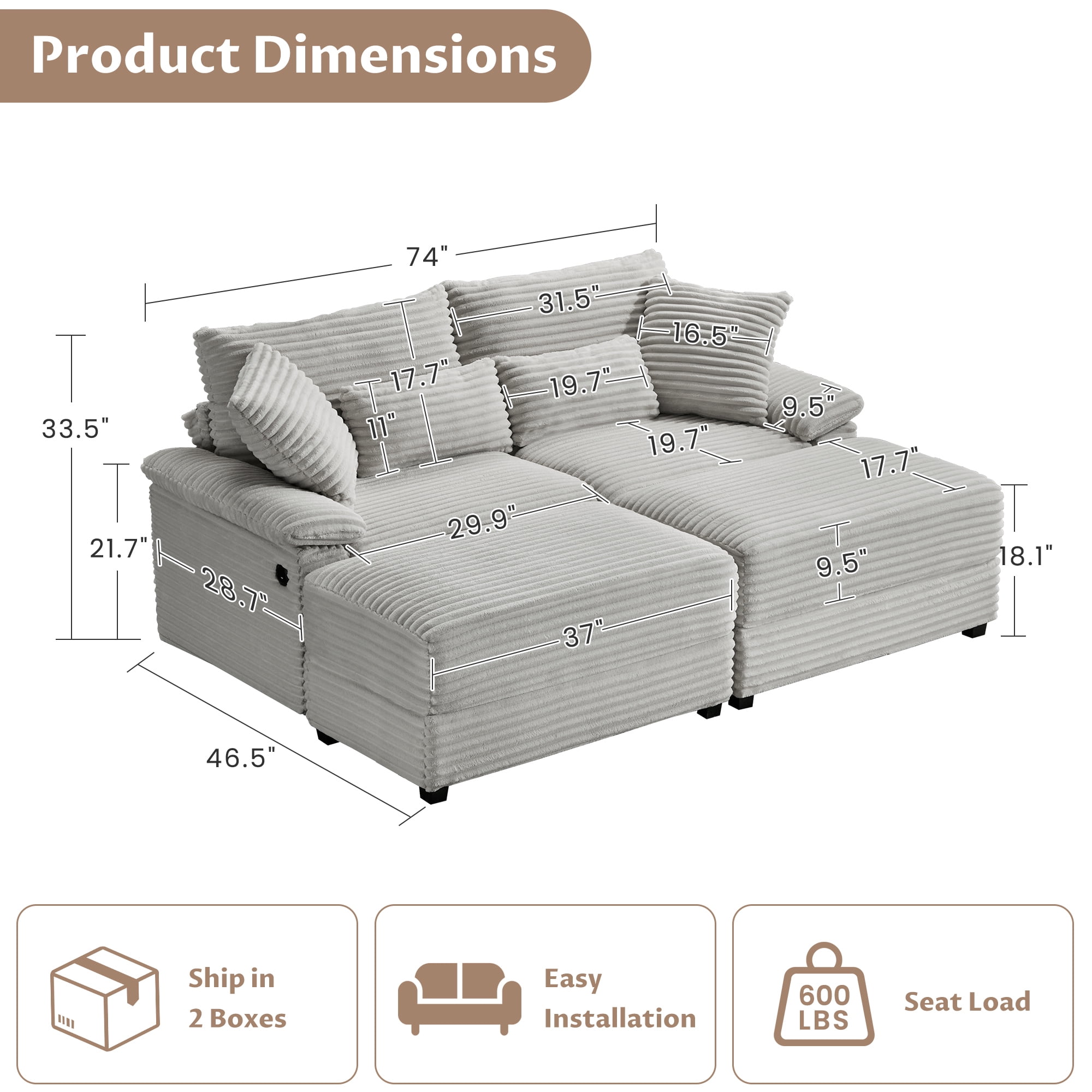 Alvantor 74" Sofa Loveseat with Reversible Ottoman & USB Port Corduroy Chaise Couch for Living Room Gray