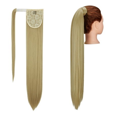 SHCKE Straight Hair Ponytail Extension 20 /28 Long Wrap Around Ponytail Drawstring Ponytail Clip in Synthetic Ponytail Extension for Women - Sandy Blonde Mix Bleach Blonde