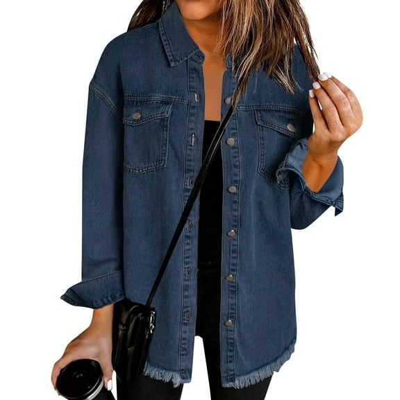 TrdSipl Plus Size Women's Button Down Denim Jackets Lounge Long Sleeve Denim Shirts 2025 Fall Winter Ripped Distressed Jean Jacket Pockets Blue XL