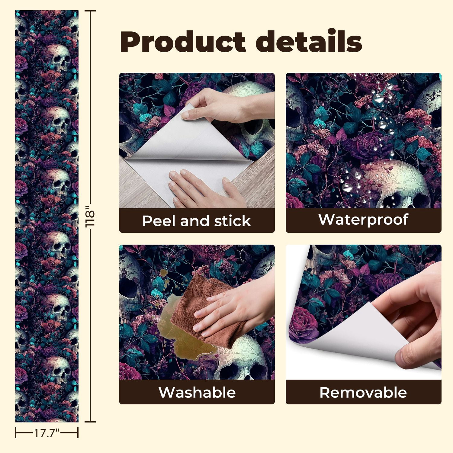 Vintage Peel and Stick Wallpaper 17.7in x 9.8ft Skulls Vibrant Floral Roses Leaves Contact Paper Vinyl Self-Adhesive Removable Wall Paper for Bedroom Kitchen Cabinet Décor Renter Friendly