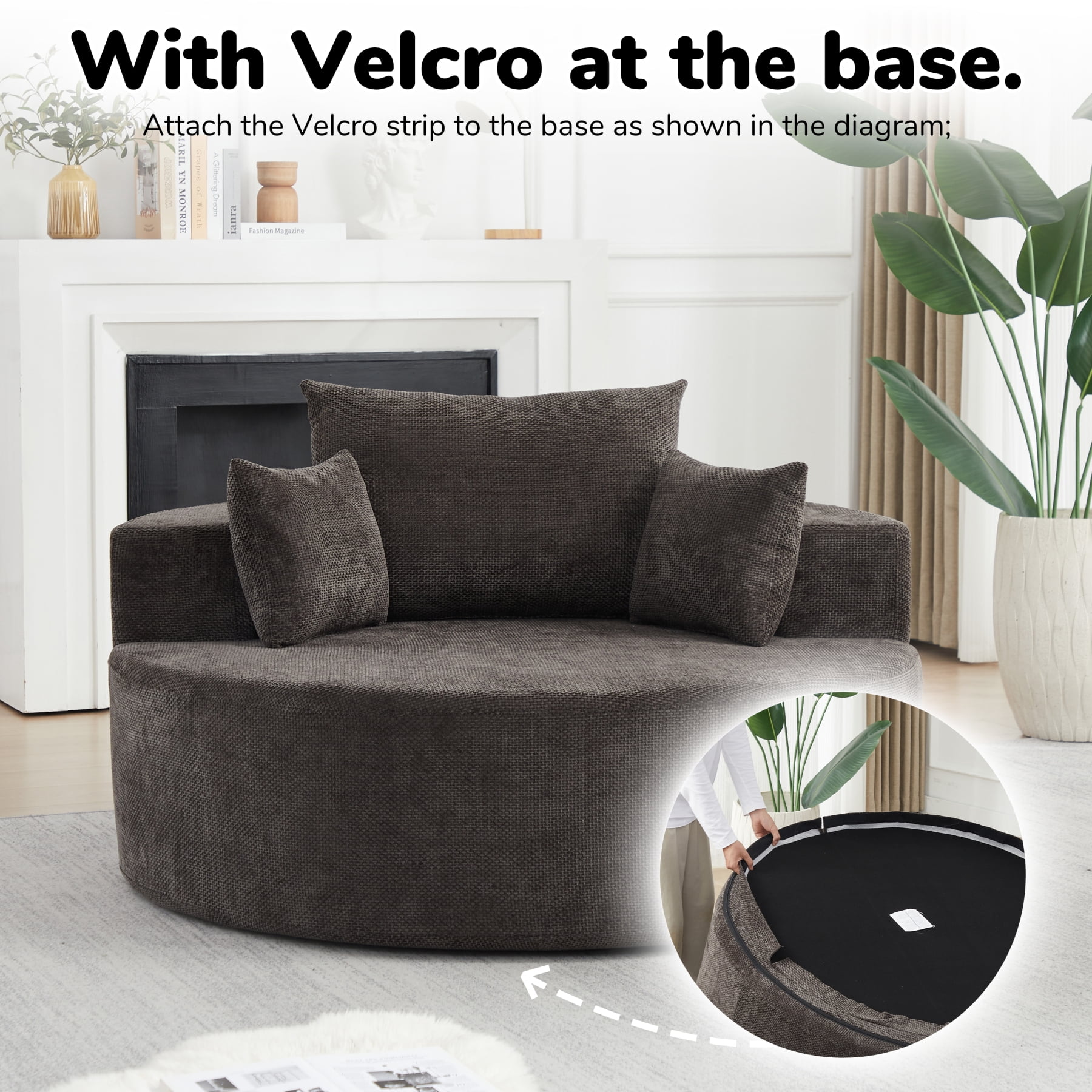 Leumius 55'' Oversized Round Chaise Longue Chair,Upholstered Chenille Single Cloud Circle Sofa Chair with Deep Seat,Fluffy Modern Sleeper Sofa Bed for Reading,Living Room,Bedroom,