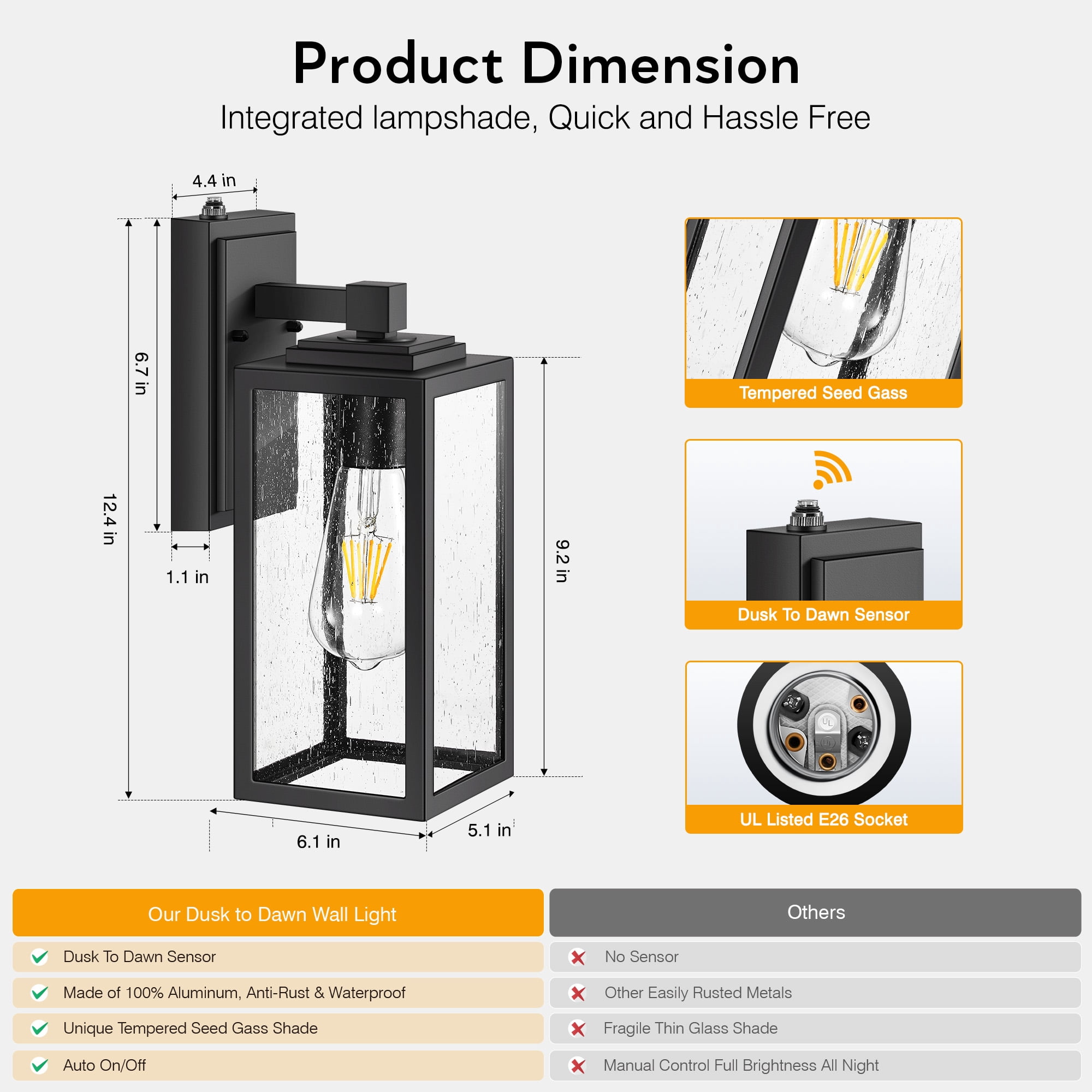 VIANIS Dusk to Dawn Outdoor Porch Lights Wall Mount, Modern Black Outdoor Wall Sconce Lanterns, Anti-Rust Waterproof Exterior Lights Fixtures for House with Tempered Seeded Glass Shade
