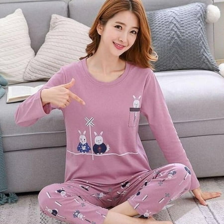 

Clearance Sale!Autumn Pyjamas Women Sleepwear Carton Cute Pijama Pattern Pajamas Set Thin Pijamas Suit Purple M