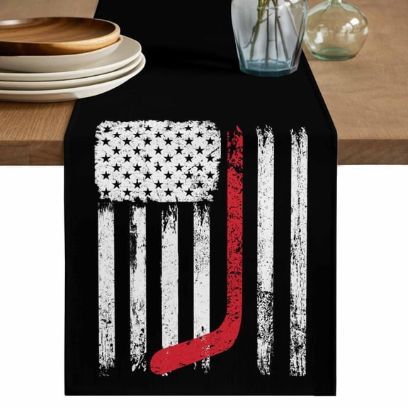 Table Runner 72 Inches Long for Kitchen Dining, Black American Flag Dresser Scarf Farmhouse, Dining Table Decorations for Wedding/Parties, Vintage Red Hockey Star Strip Flag 18 x 72 In
