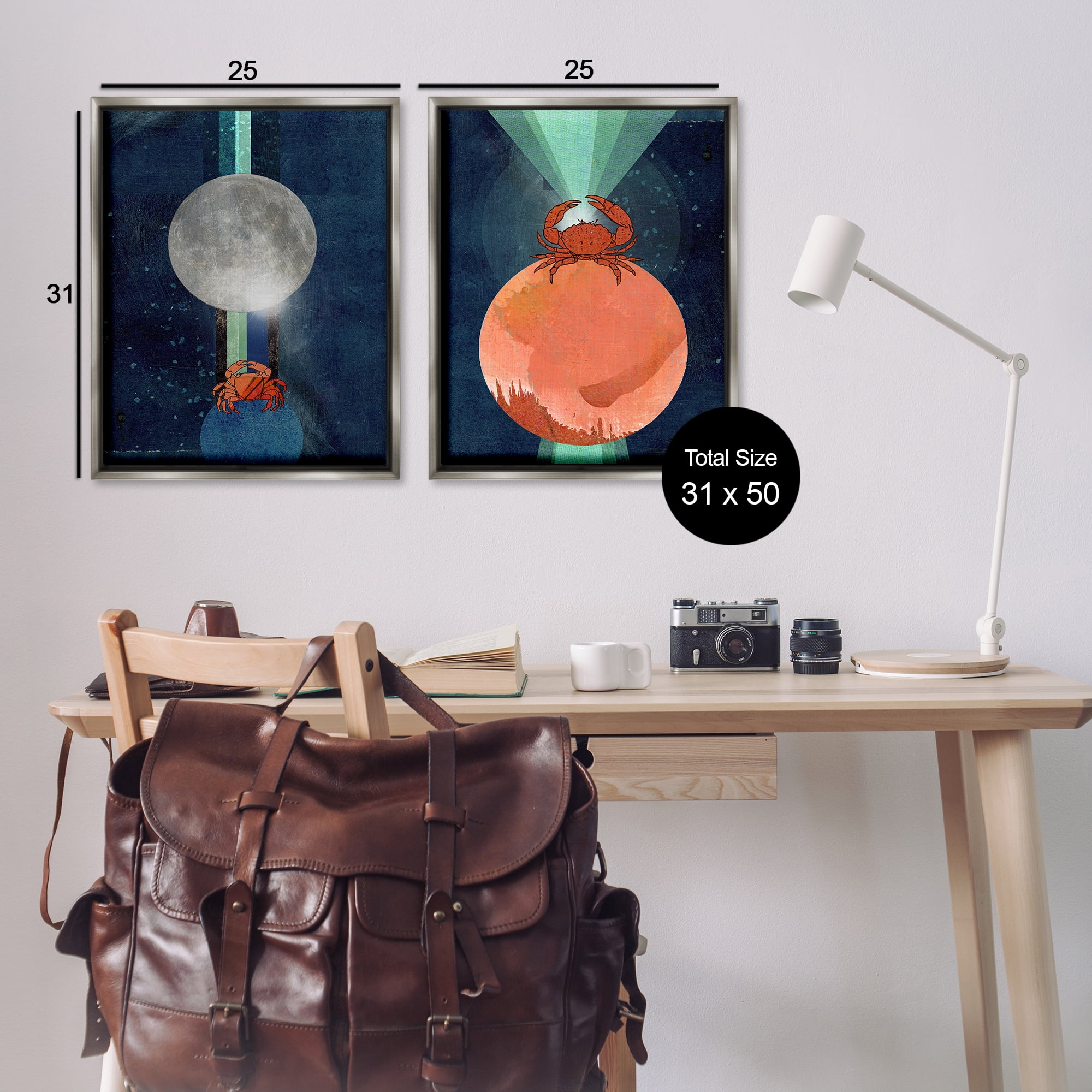 Stupell Industries Crab Orbs Light Rays Nautical & Beach Painting Gray Floater Framed Canvas Art Print Wall Art, 31 x 25, Set of 2