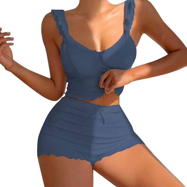 Women's Summer Short Set 2 Piece Sexy Ruffle Crop Camisole Babydoll Tops and Boxer Shorts Set
