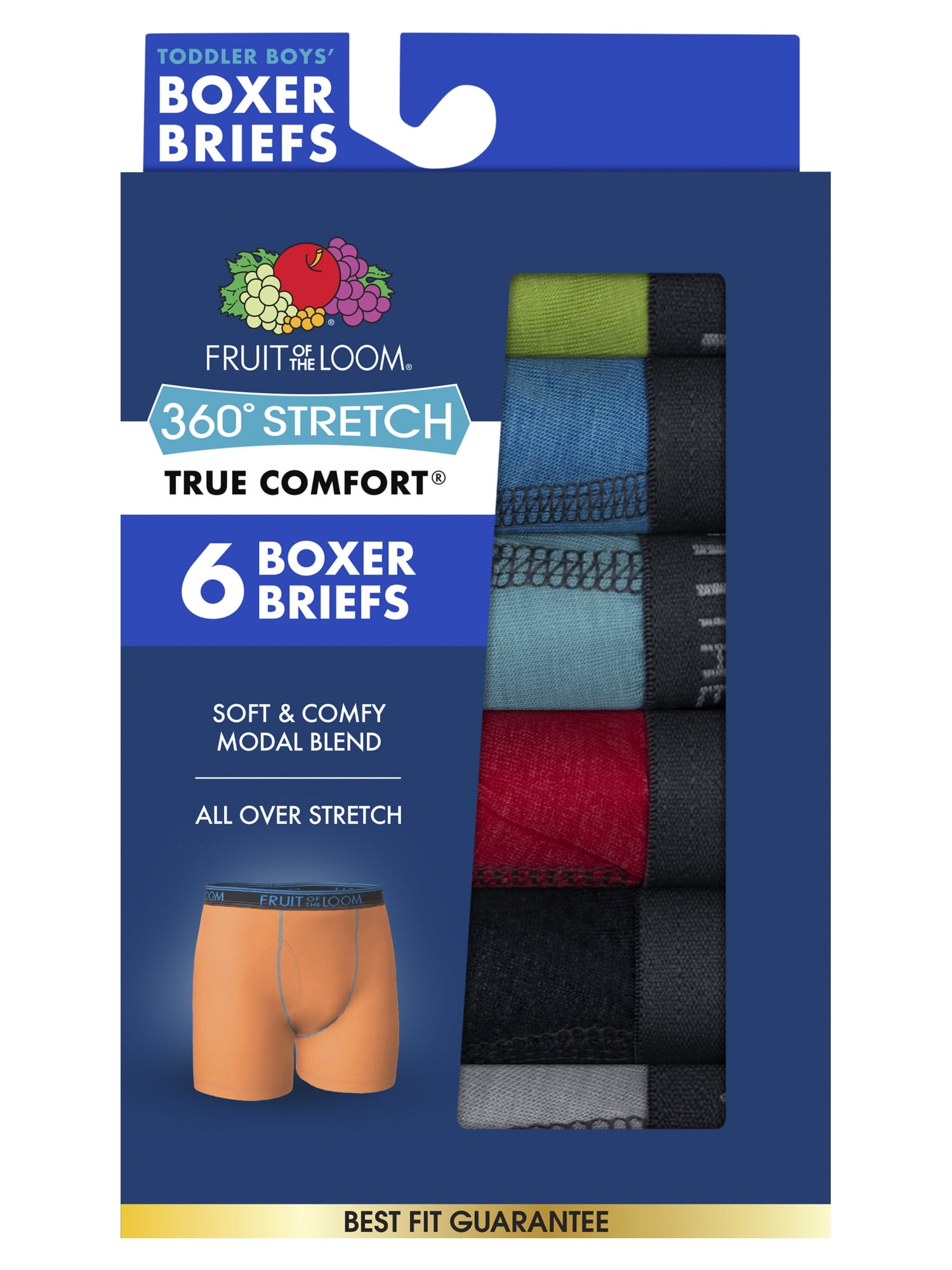 Fruit of the Loom Toddler Boy 360 Stretch True Comfort Super Soft Modal Boxer Briefs Underwear, 6-Pack, Sizes 2T-5T