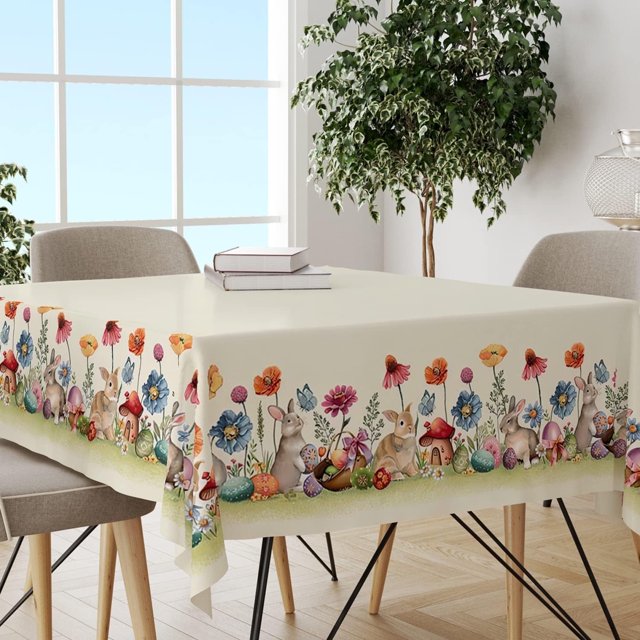 Spring Easter Tablecloth, Easter Eggs Bunny Floral Table Cloth Waterproof, Spring Flowers Kitchen Table Decor for Dining Holiday Party 60x102 Inch Rectangle