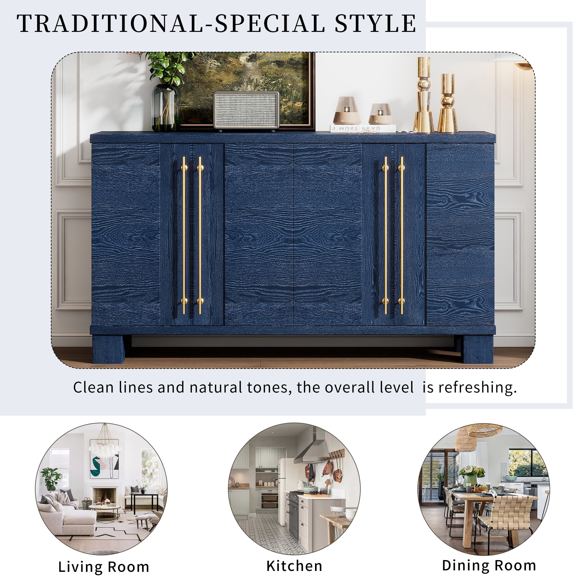 Euroco 60" Sideboard Buffet Cabinet with Storage, Wooden Coffee Bar Cabinet with Gold Handles & Adjustable Shelves for Kitchen, Dining Room and Living Room,Antique Navy