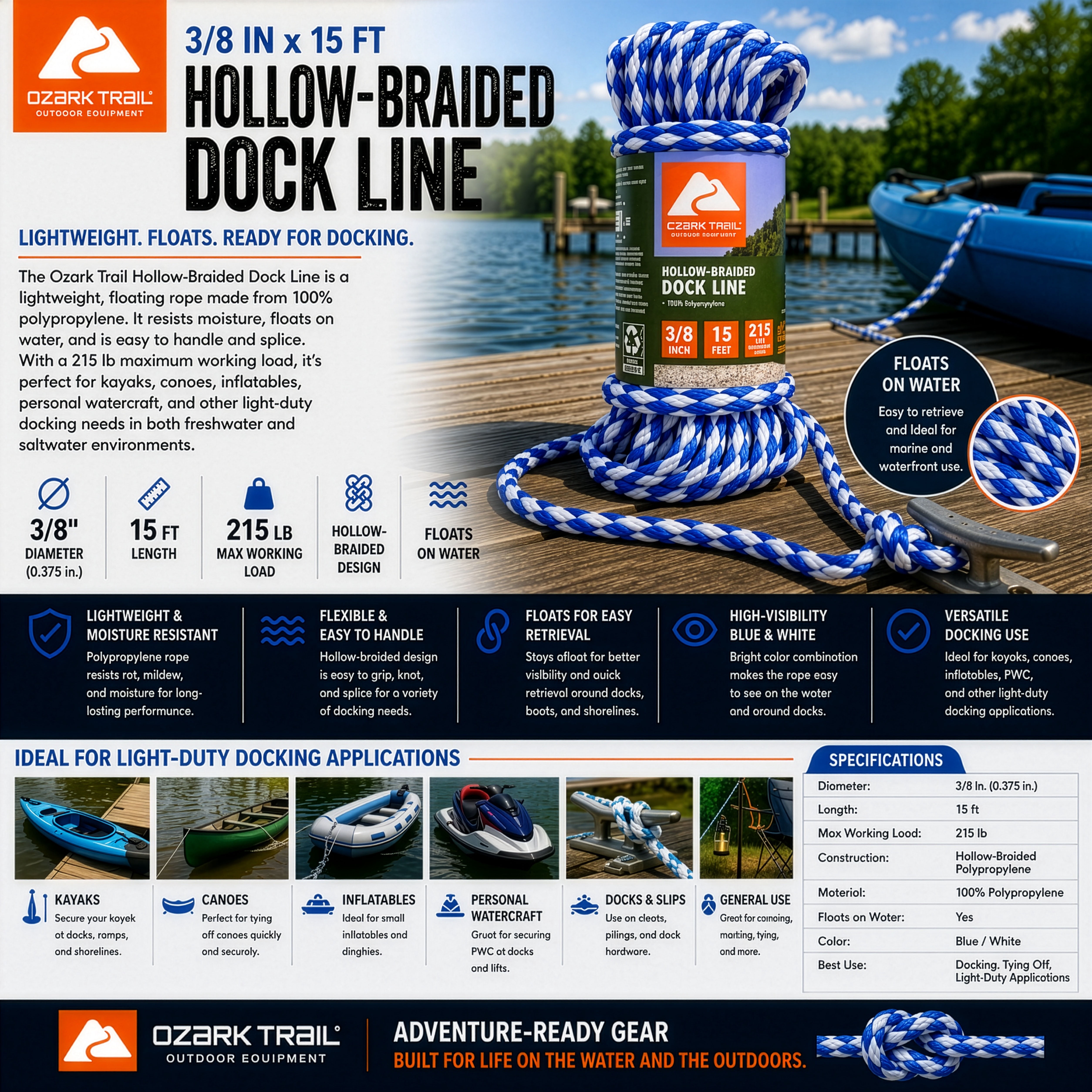 Ozark Trail Hollow-Braided Polypropylene Dock Line, 3/8 in x 15 ft, 215 lb Maximum Working Load, Blue/White