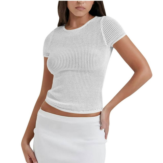 Plebaso Hauts Courts en Maille pour Femmes à Manches Courtes, Chandails Ajourés, Tricotés, Col Ras du Cou, Chandails à Enfiler, T-Shirts