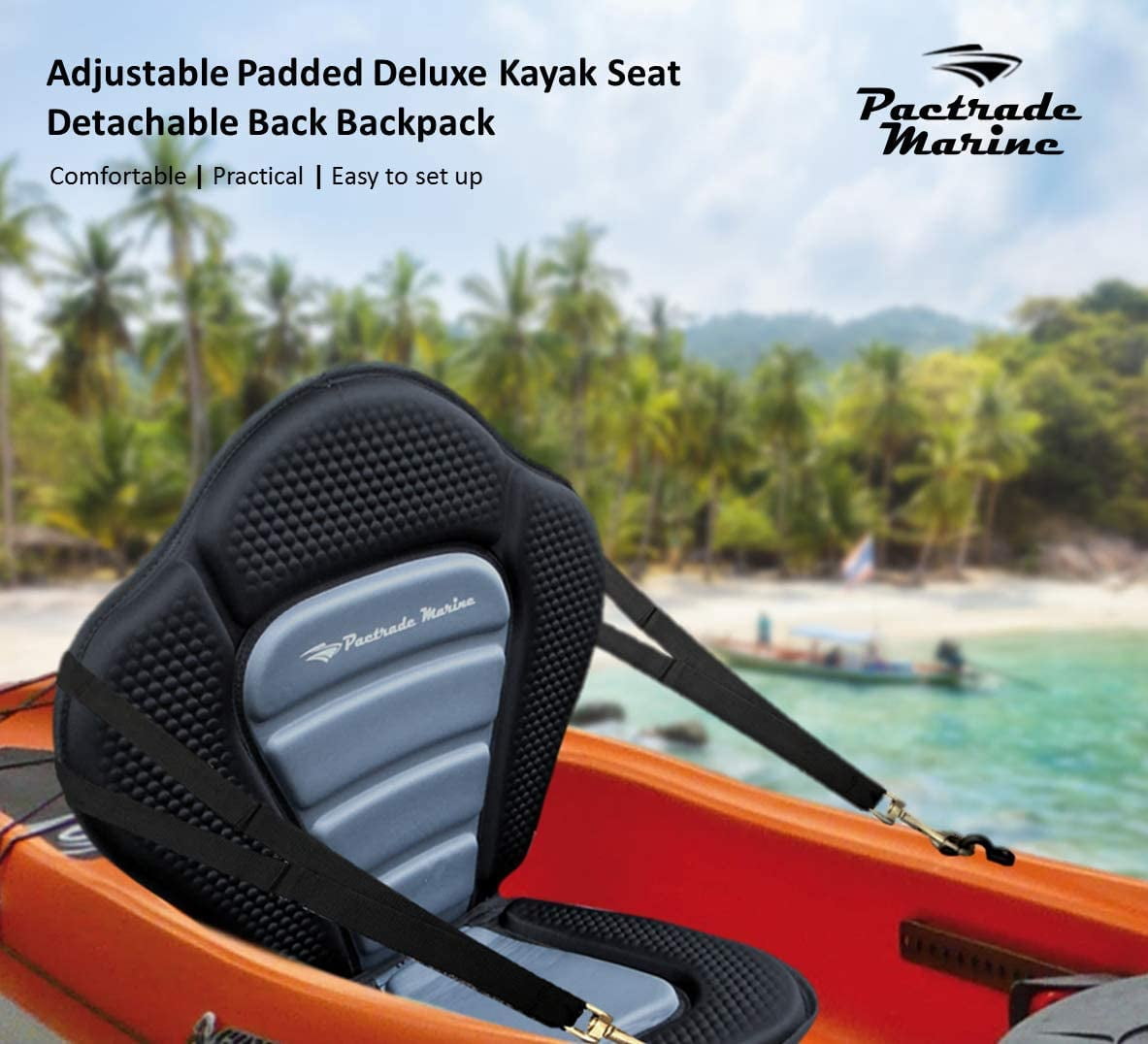 Pactrade Marine Boat Adjustable Straps Black Gray Extra Padded Deluxe Kayak Seat Detachable Storage Backpack Bag Canoe Backrest Support Cushion Sit on Top Fishing Brass Clips (1)
