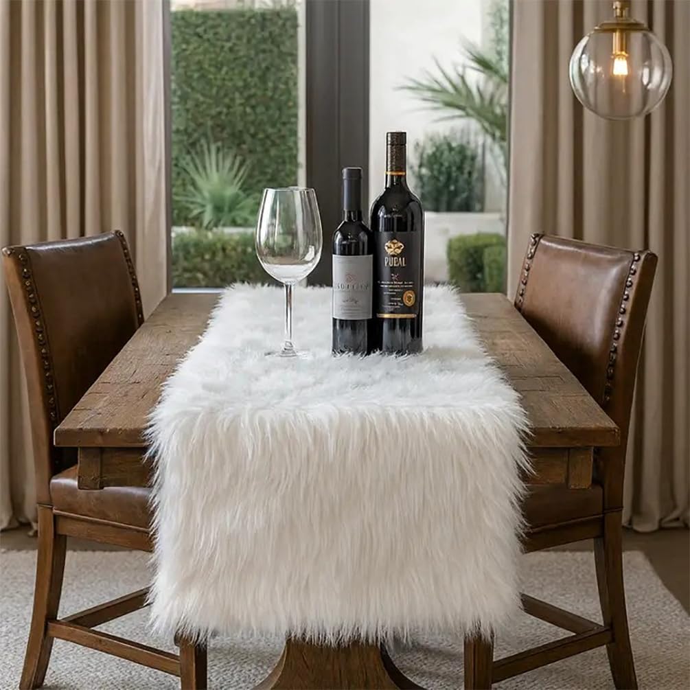 Fennco Styles Holiday Christmas Decorative Exquisite White Faux Fur with Silver Metallic Thread Table Runner 15" W x 90" L