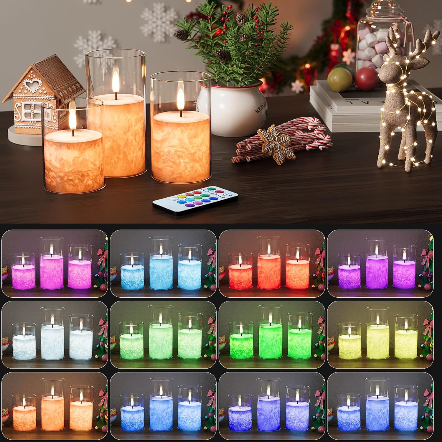Ice Crystal Real Wax Glass Flameless Candles with Remote & Timer, Battery Operated Candles with Warm Flickering Flame, Realistic LED Candle for Wedding Home Decor [D3×H4/5"/6"] Gold, 3Pack