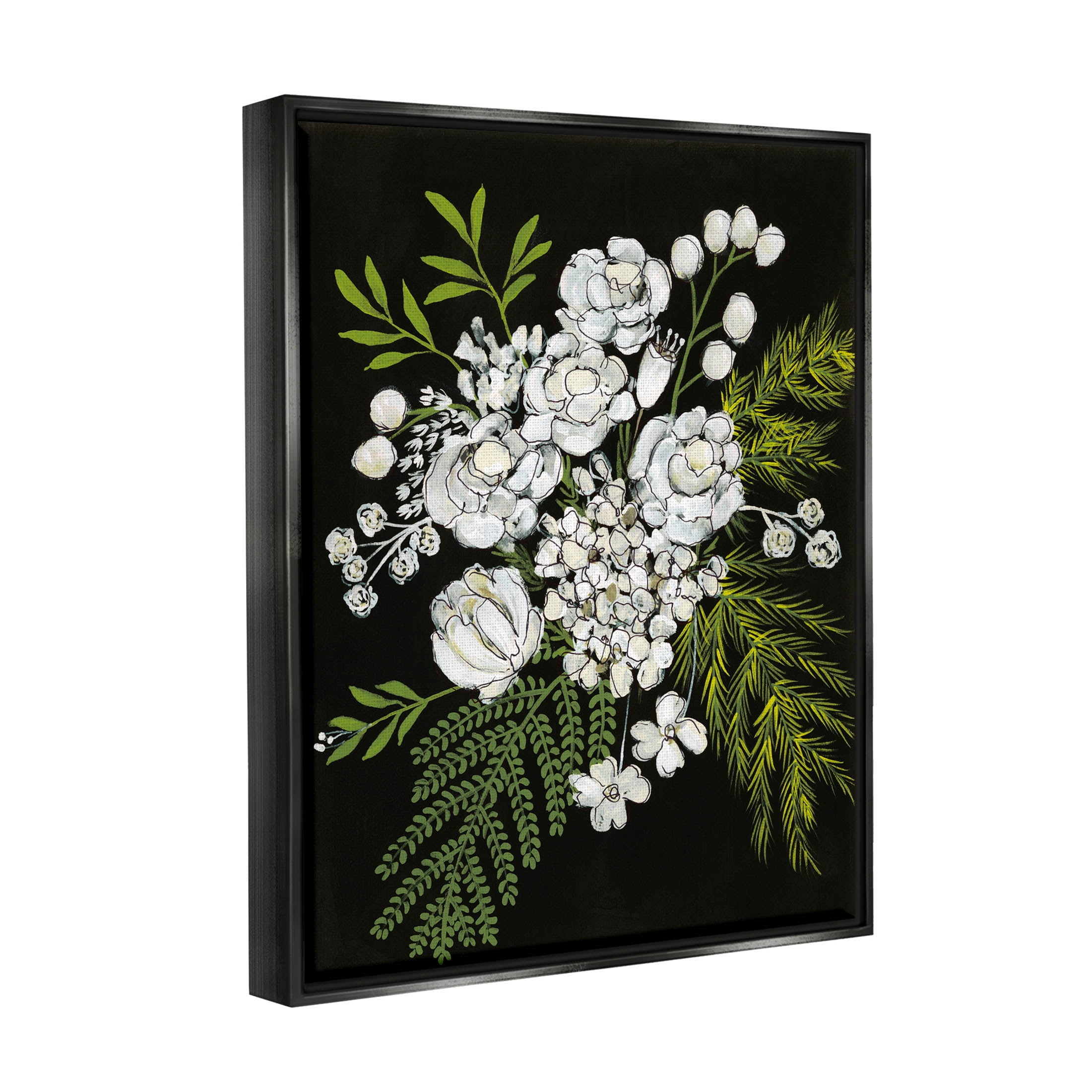 Stupell Industries Contrasting Flower Blossoms Arrangement Graphic Art Jet Black Floating Framed Canvas Print Wall Art, Design by Regina Moore