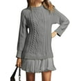 thumbnail image 1 of Robe Chandail en Tricot Torsadé pour Femmes, Col Ras du Cou, Manches Longues, Mini-Robe Plissée, Style Deux-en-un, Robe Patchwork, Gris, G, 1 of 7