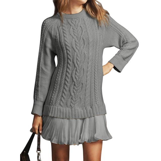 Robe Chandail en Tricot Torsadé pour Femmes, Col Ras du Cou, Manches Longues, Mini-Robe Plissée, Style Deux-en-un, Robe Patchwork, Gris, G