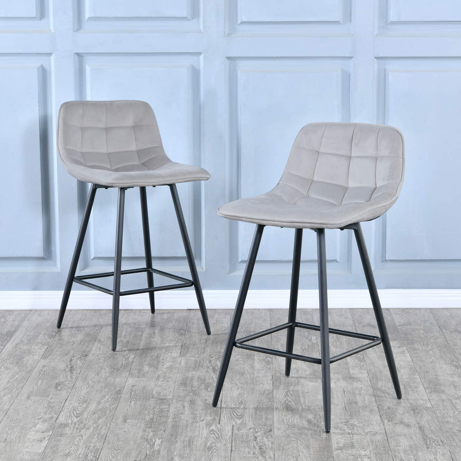 TUKAILAI Bar Stools Set of 2 With Velvet Covered Backrest and Metal Footrest and Base for Breakfast Bar Counter Kitchen and Home Blue Velvet Chairs
