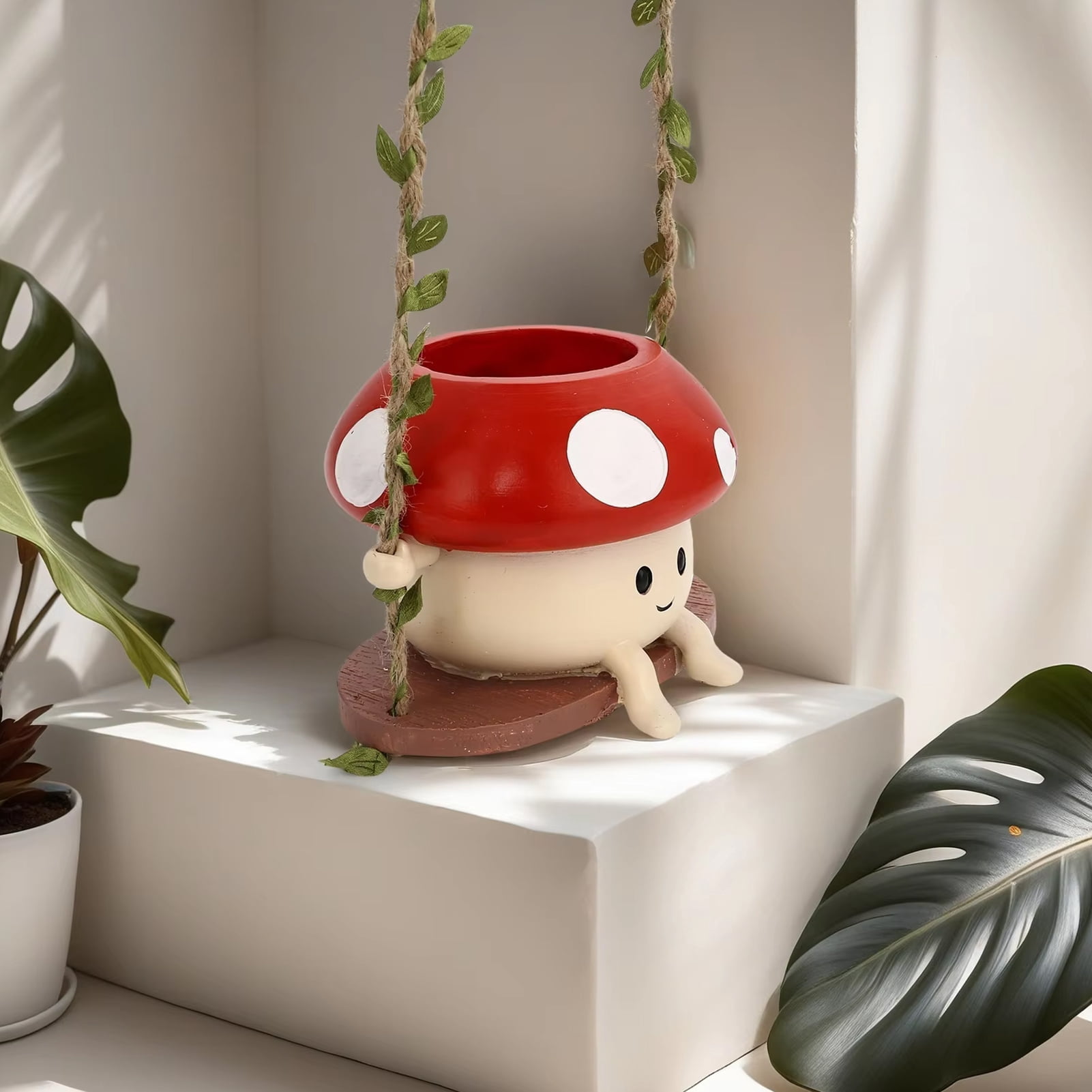 Opvise Low-Maintenance Cartoon Face Mushroom Swing Hanging Planter Pot with Wooden Holder, Lightweight Resin Ceramic Flower Pot for Indoor Outdoor Plants, Decorative Garden Decor