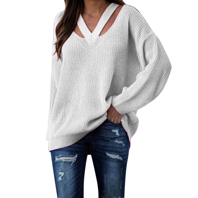Womens V Neck Oversized Fall Sweater Sexy Long Sleeve Knit Pullover Top