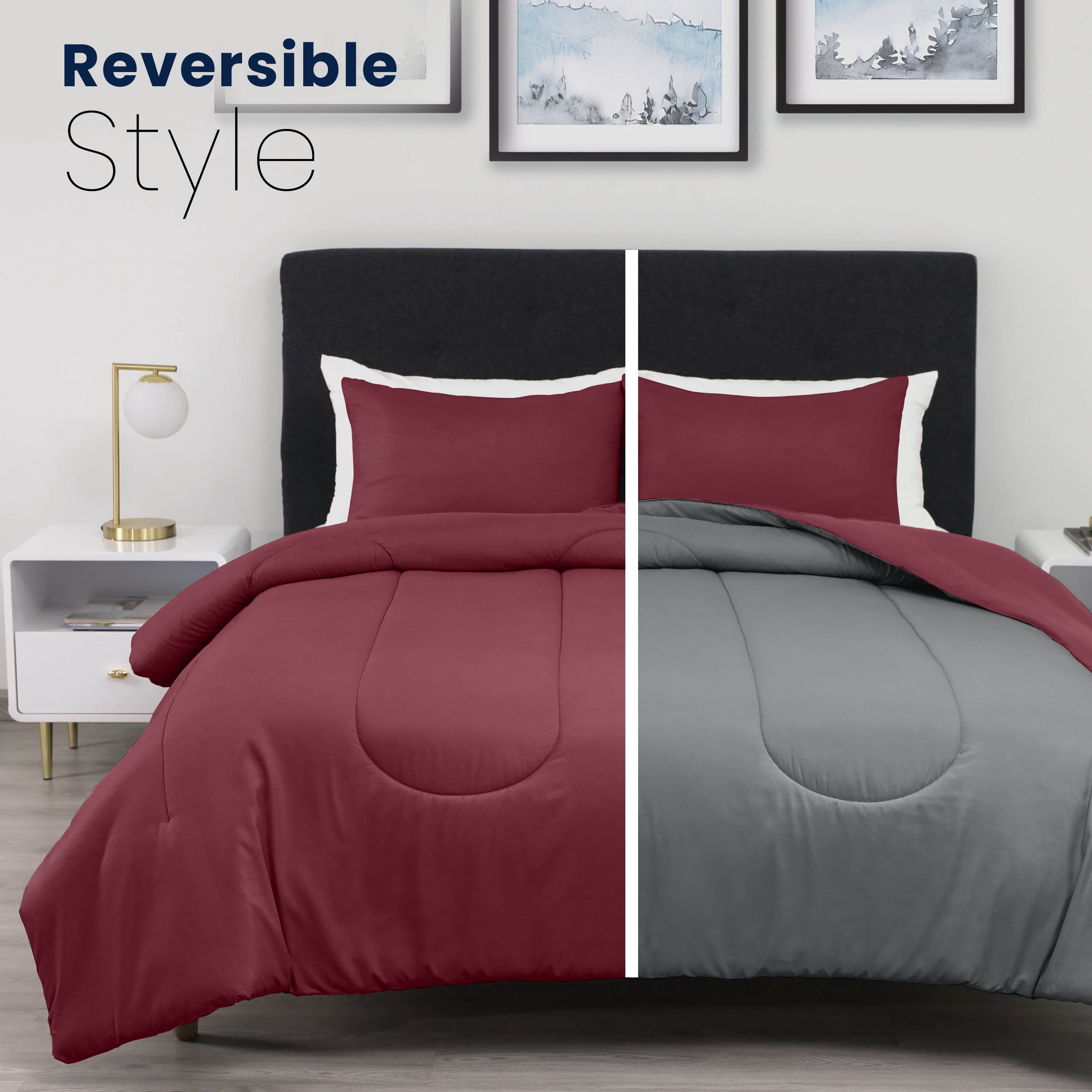 Martex 2-Piece Twin Reversible Comforter Set | Super Soft Lightweight | Burgundy/Grey