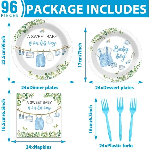 SHILIU-96Pcs Greenery Baby Shower Plates and Napkins Decoration Watercolor Blue Baby Boy Party Tableware Dinnerware Set A Sweet Boy Is On His Way Paper Plates for Gender Reveal Party Supplies Serve 2