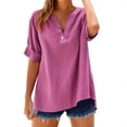 thumbnail image 2 of Women's Short Sleeve T-shirt Women'S Plus Size Button Down Shirt - Relaxed Fit Linen Top,Pink Women's Short sleeve T-shirt XL, 2 of 8
