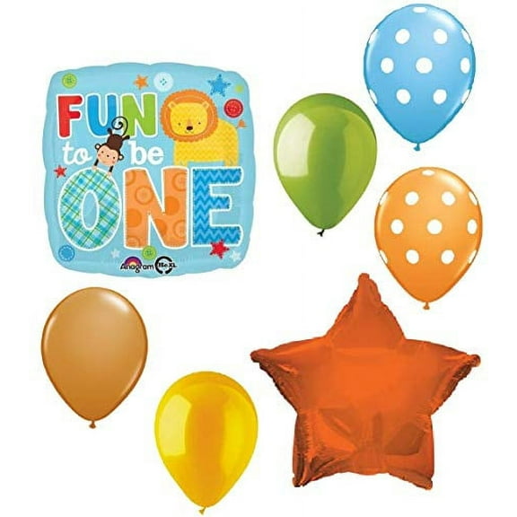 DalvayDelights 7 pc Fun to be One Lion Animal Balloon Bouquet Party Boy Happy 1st Birthday Set