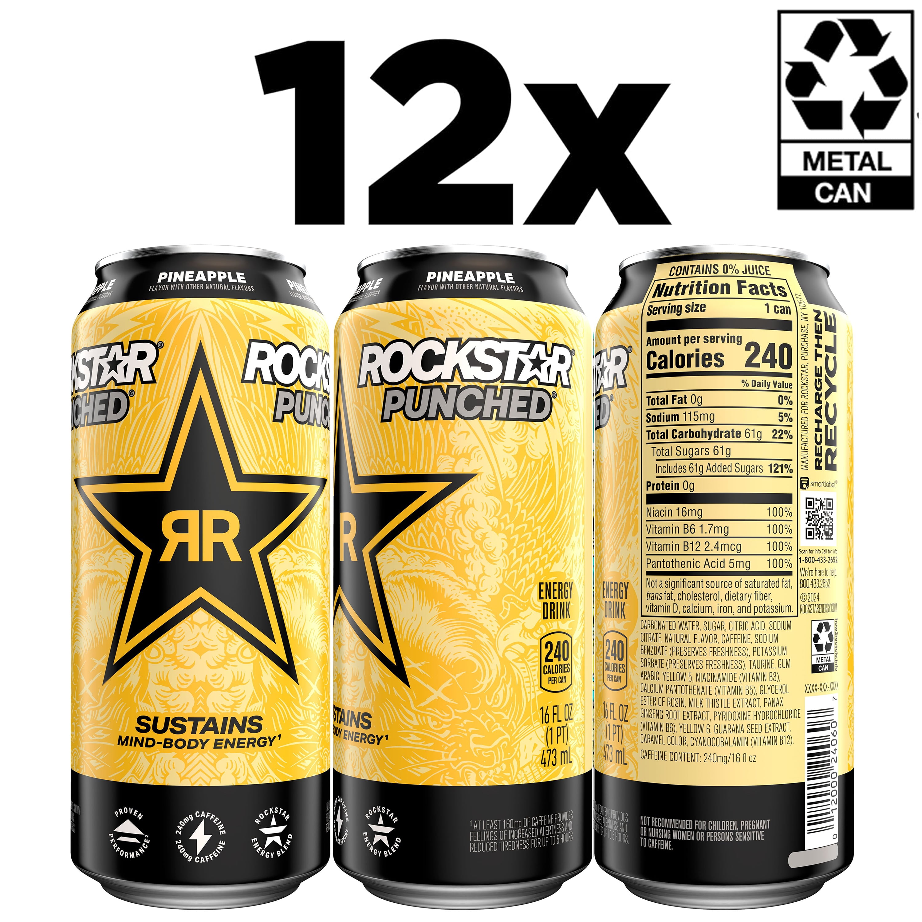 Rockstar Punched Pineapple Energy Drink 16 fl oz, 12 Pack Cans