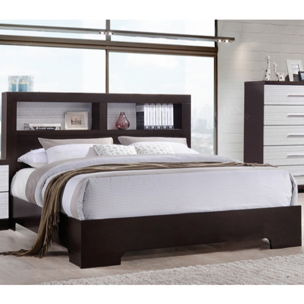 Effortlessly Plain Wooden Queen Bed With Book Case, White And Brown