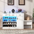 thumbnail image 2 of Modern Glass Top Shoe Cabinet with charging & LED Light,Multi Functional Shoe Rack with Bench for Entryway, Shoe Storage Island with 3 Drawers & Adjustable Shelves for Living Room,Cloakroom,Hallway, 2 of 6