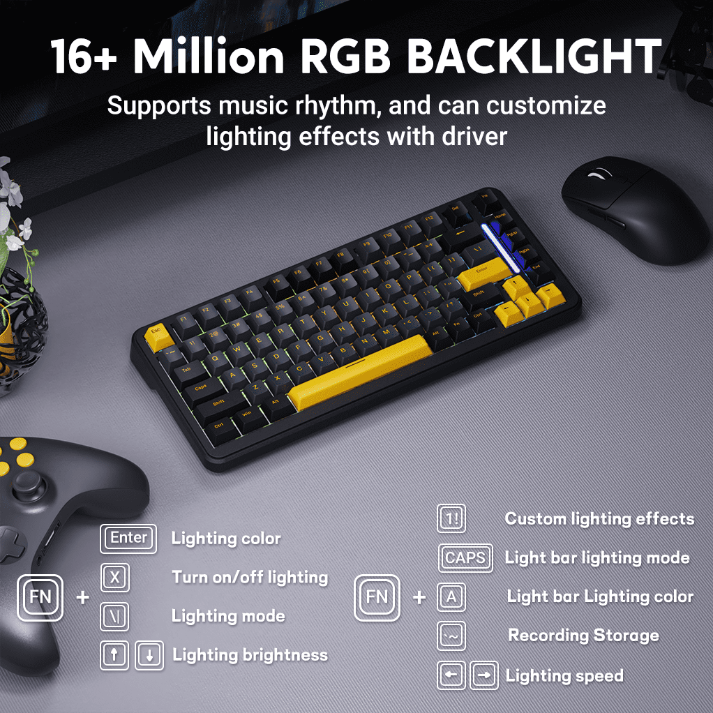ATTACK SHARK M86 82 Keys Wireless Mechanical Keyboard, 75% Gasket Hot Swappable Custom Keyboard, Side Printed PBT Keycaps, RGB Backlit, Pre-lubed Switches, BT/2.4GHz/ Wired Mechanical Gaming Keyboard