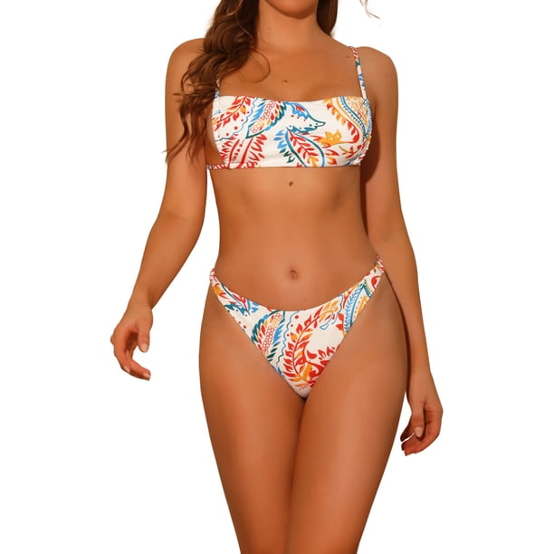 Conjunto de bikini bandeau colorido con estampado de hojas para mujer, 2 piezas, con lazo y tirantes ajustables, traje de baño, ropa de baño, grande, rojo