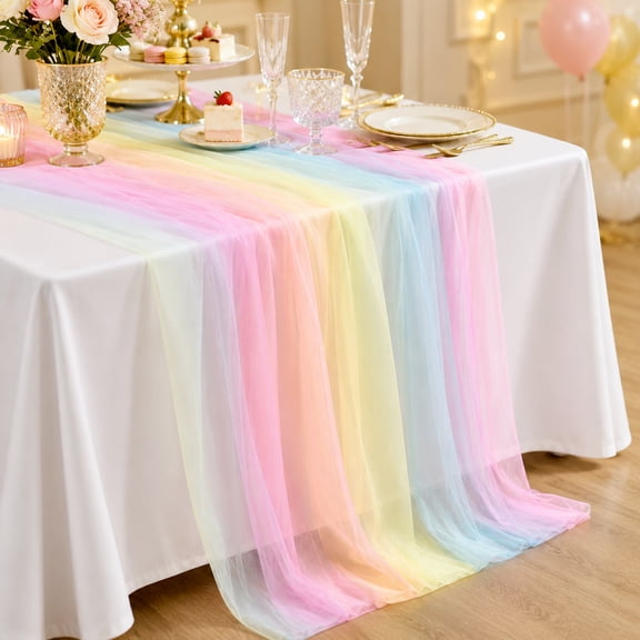 10 Pcs Pastel Rainbow Tulle Table Runners, 108.3 x 29.5 in Sheer Iridescent Mesh Wedding Table Runner, Colorful Pastel Runner Set for Bridal Shower Birthday Party Garden Events