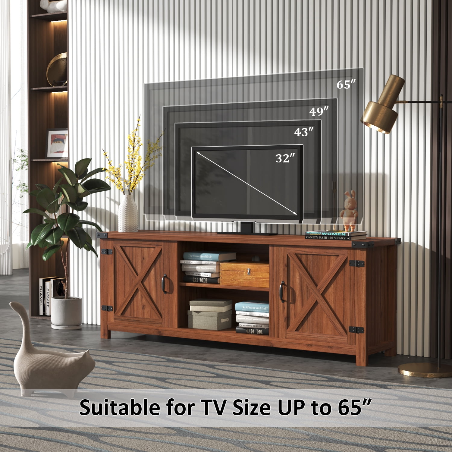 Vineego Farmhouse Barn Two-Door Tv Stand for TVs up to 65", Rustic Brown