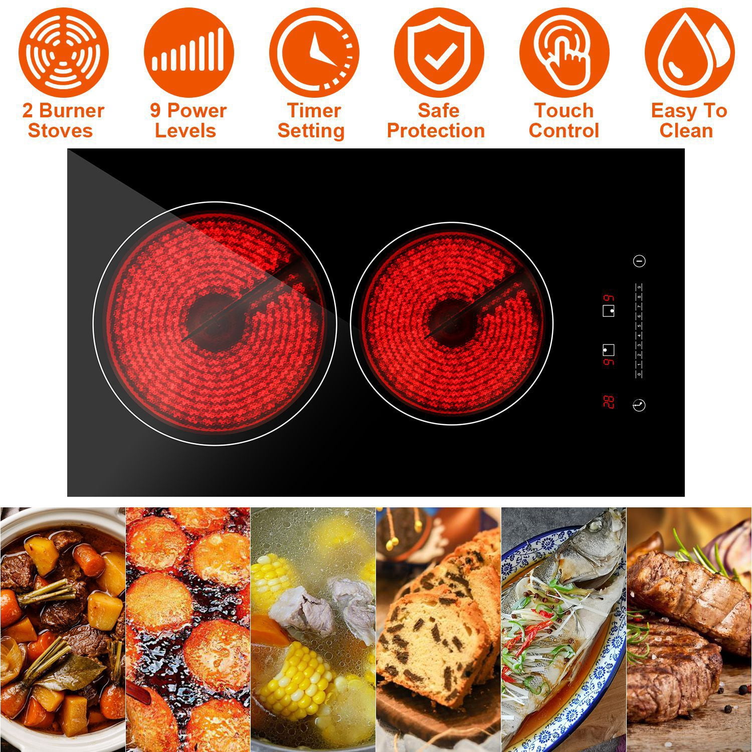 Dual Induction Burners Electric Cooktop 110V 1900W Built in Electric Ceramic Stove with Timer 9 Firepower Levels Overheating Protection
