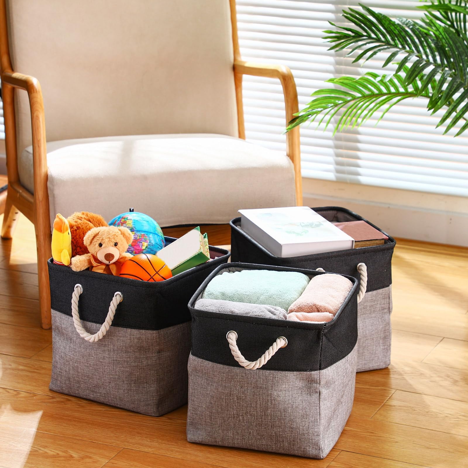 8 Pack Collapsible Storage Bins Fabric Storage Bins Polyester Fabric Baskets with Handles Linen Closet Organizer for Shelf Home Closet Towels Toys(12 x 12 x 12 in,Beige)