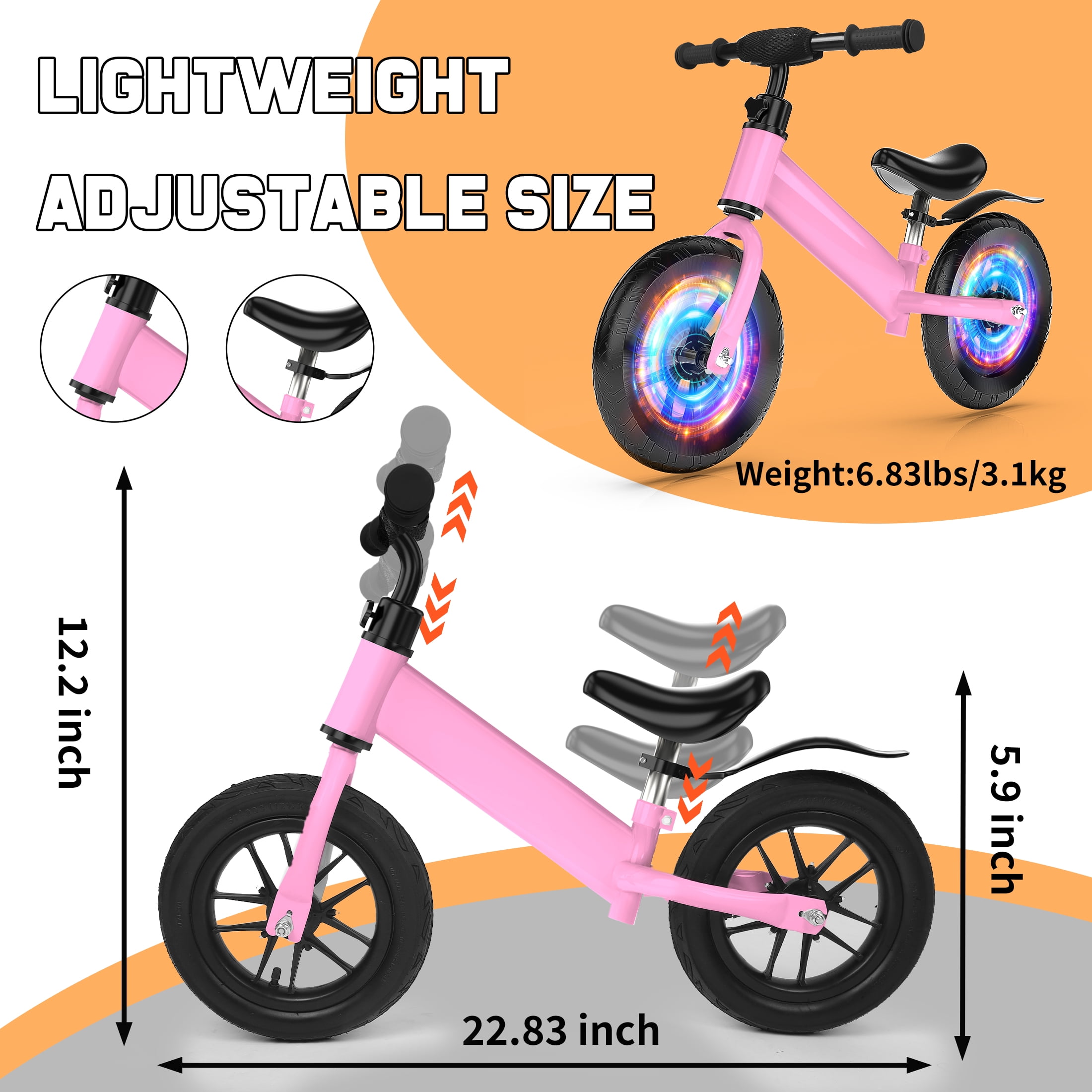 Kids 12'' Balance Bike Ride with Lighting up Wheels No Pedal Bike