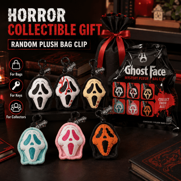 Ghost Face Mystery Plush Bag Clip 3D Keychain Hanger Random Style Horror Mask Plush Charm for Backpack Purse Keys Halloween Collector Gift