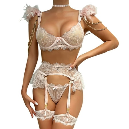 

women Solid Color Feathers Detachable Lace Lace Metal Chain 6 Piece Sexy Corset Lingerie for Women plus Size