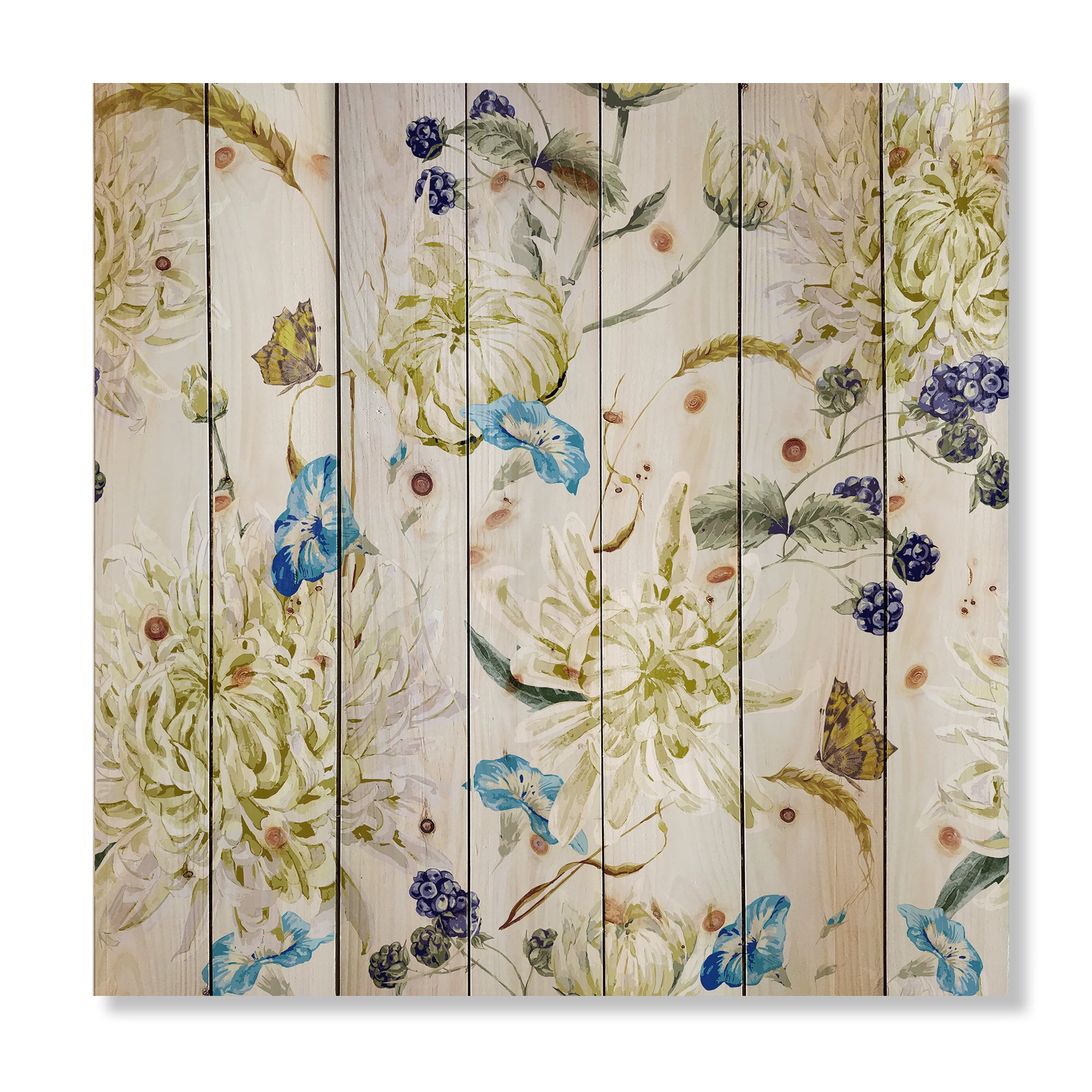 Designart 'Ancient Yellow Chrysanthemus II' Traditional Print on Natural Pine Wood