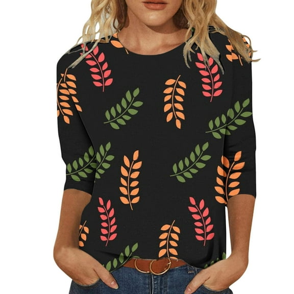 IROINNID Ladies Long Sleeve T Shirts Printed T-shirt 3/4 Sleeves Blouse Round Neck Home Tops,Black