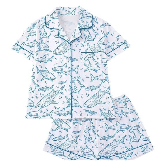 Yuncity Cute Pajama Sets For Women 2 Piece Shark Print Summer Short Sleeve Button Up Top With Shorts Pjs Sleepwear Loungewear Nightwear,Size S-2Xl White