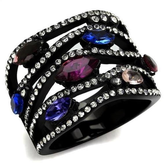 Alamode TK2480-10 Women IP Black Stainless Steel Ring with Top Grade Crystal in Multi Color - Size 10