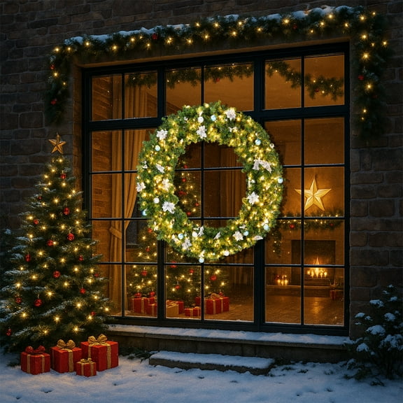 UBesGoo 48in LED Christmas Wreath, Illuminated Artificial Holiday Garland for Door and Wall Decor