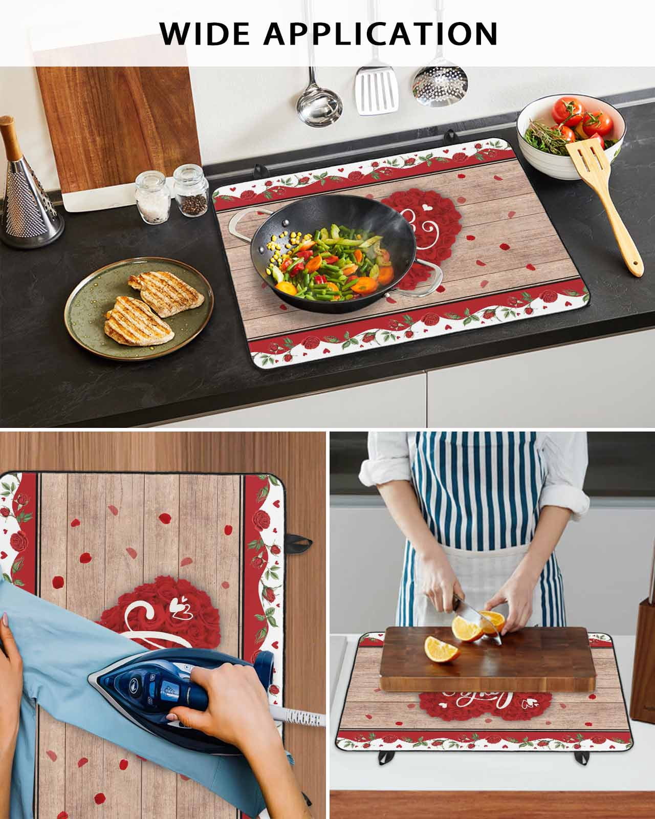 Large Induction Cooktop Protector Mat Valentine's Day Stove Top Covers for Electric Stove, Red Love Heart Roses Romantic Vintage Decorative Stove Burner Cover Mats, Glass Top Stove Cover