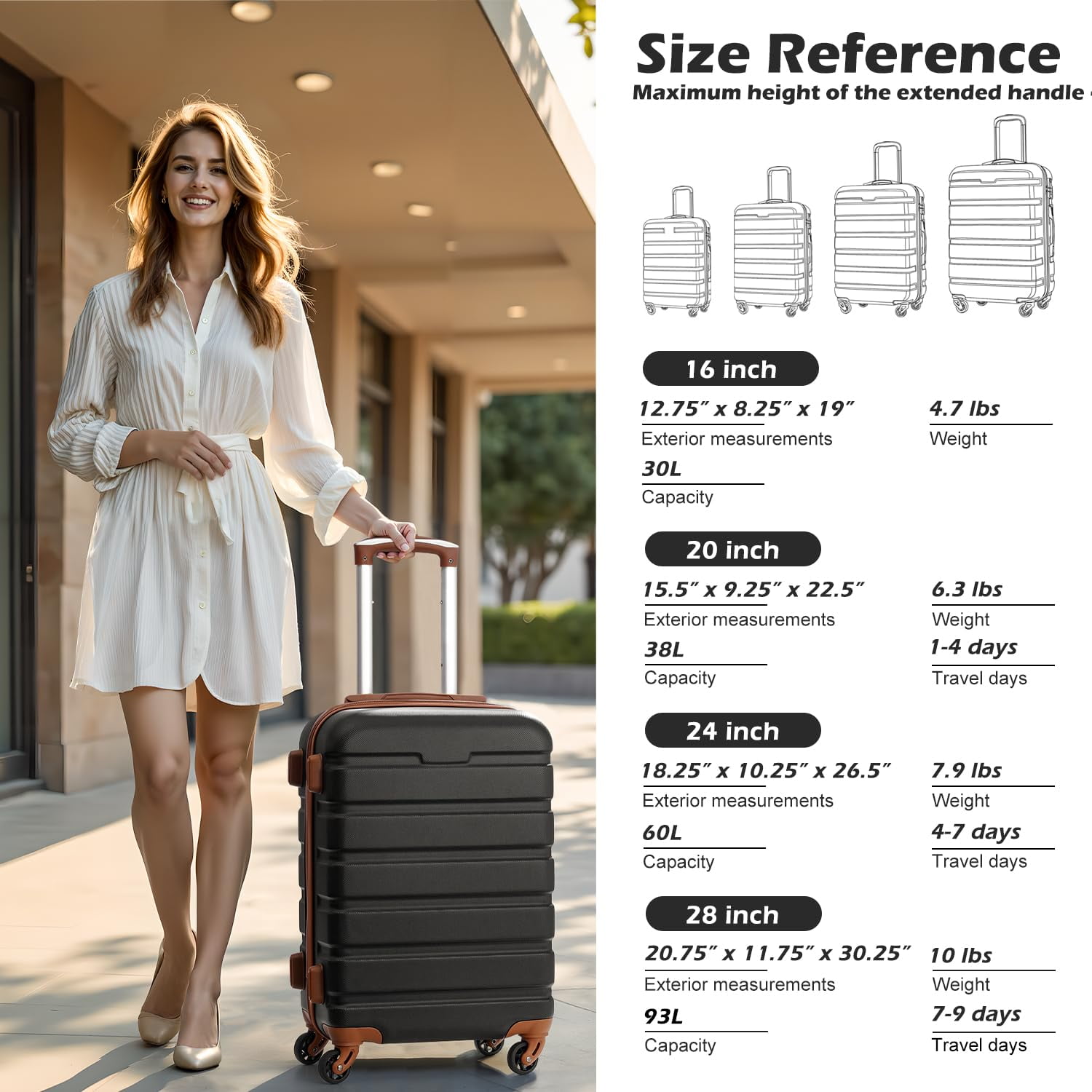 Coolife Luggage Suitcase Spinner Hardshell Lightweight TSA Lock (apricot black,16/20/24/28)