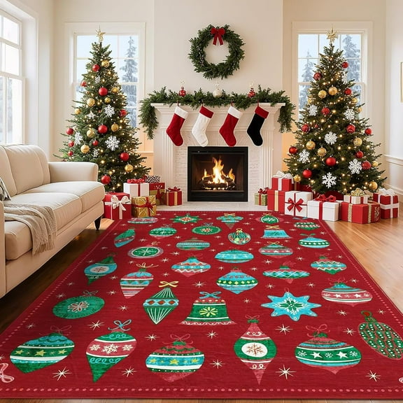 GlowSol 9'x12' Christmas Living Room Rug Xmas Festive Decor Rug Large Washable Area Rug Soft Low Pile Non-Slip Area Rug for Bedroom, Red