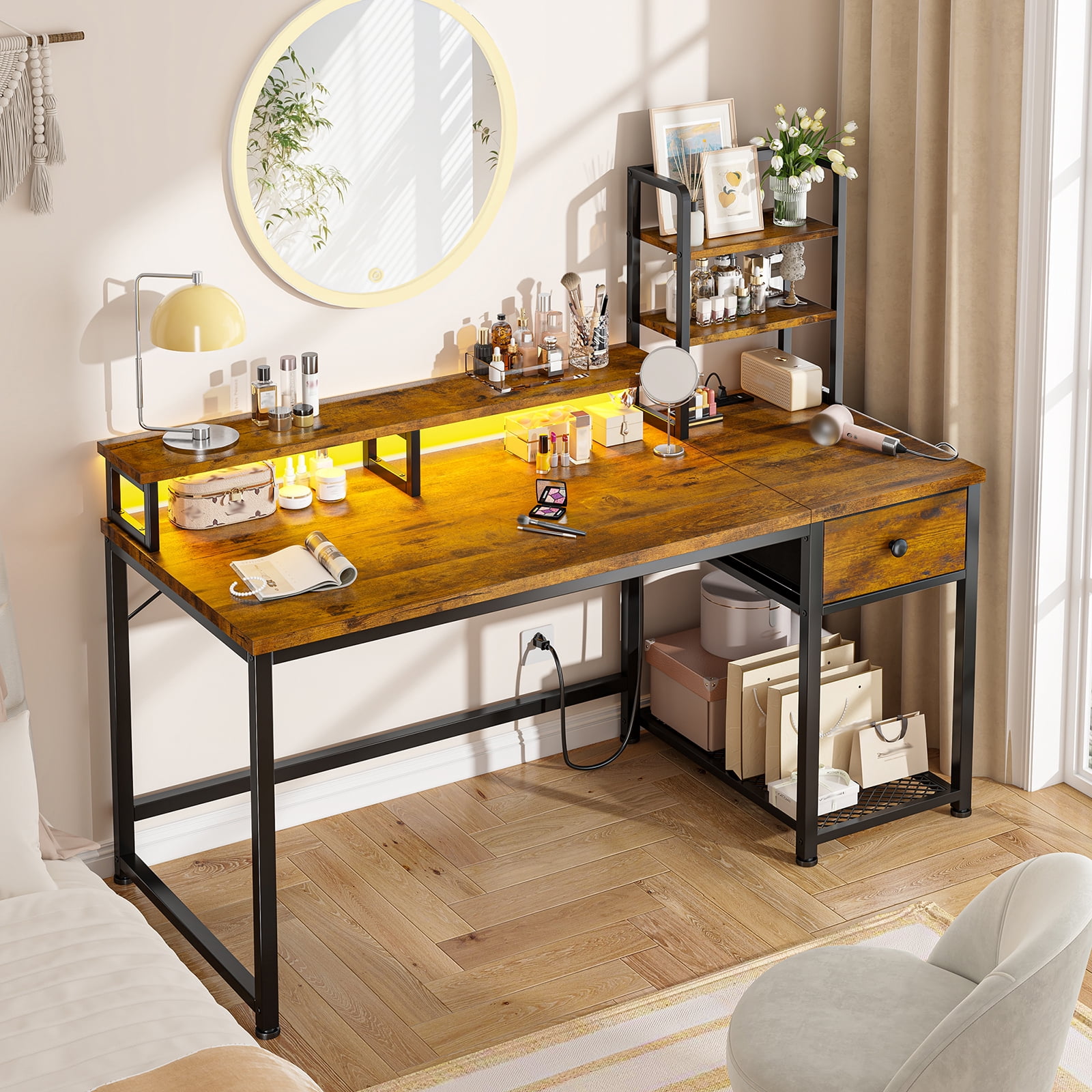 Romorgniz 44"W Computer Desk with Hutch, Gaming Desk with LED Lights & Power Outlets, Small Desk with Drawer and Monitor Stand, Writing Desk for Home Office, Rustic Brown