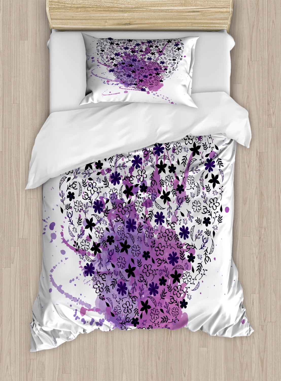 Romantic Duvet Cover Set Twin Size, Watercolor Splashes Heart Sketch